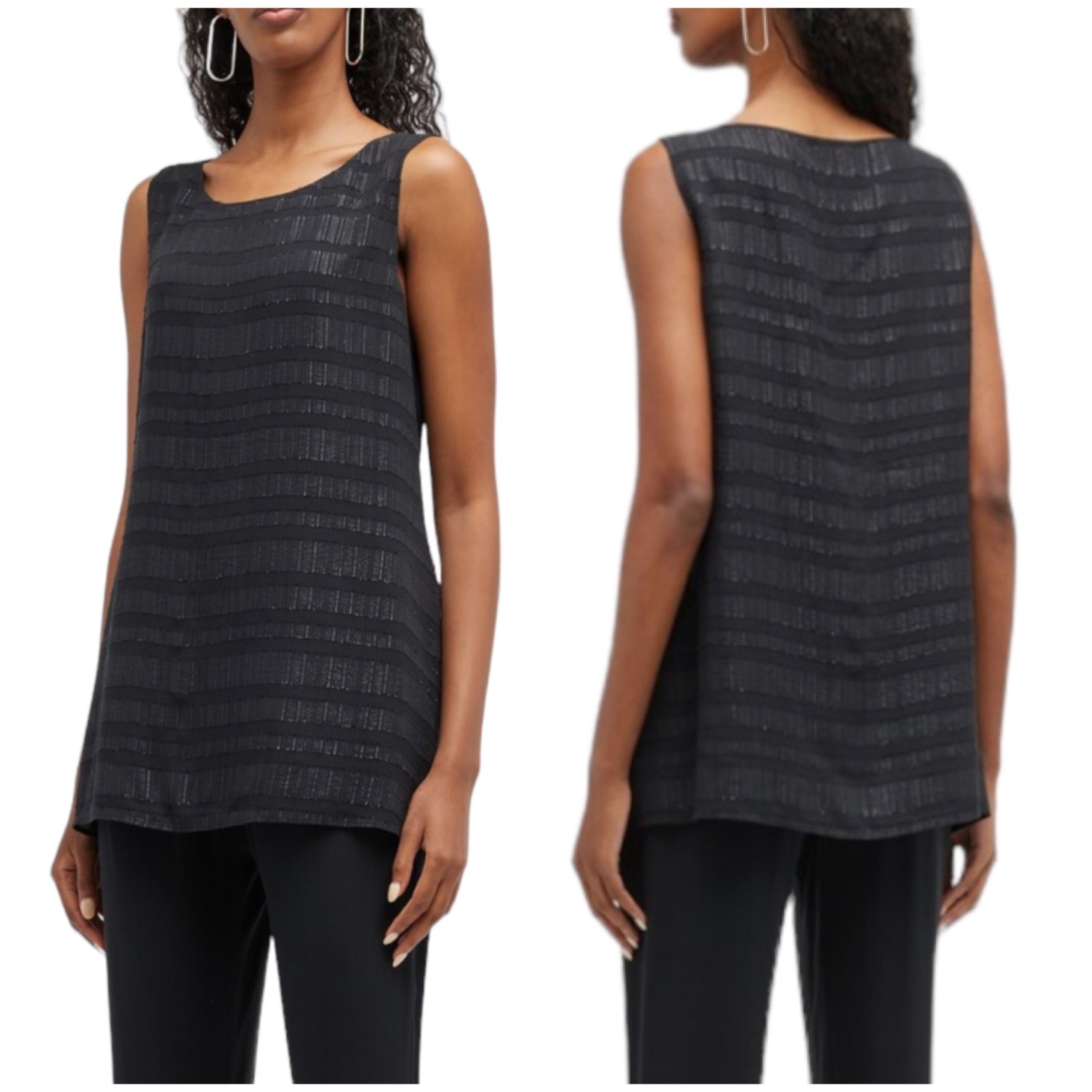 Eileen Fisher Nwt Sheer Silk Glimmer Ballet Neck Tank Top Black Silver Size Xxs